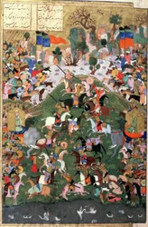 De Oorsprong van Schaken: Slag tussen Gaw en Talhand, illustratie uit de Shahnama (Boek der Koningen) door Abul-Qasim Manur Firdawsi, ca. 1440-45